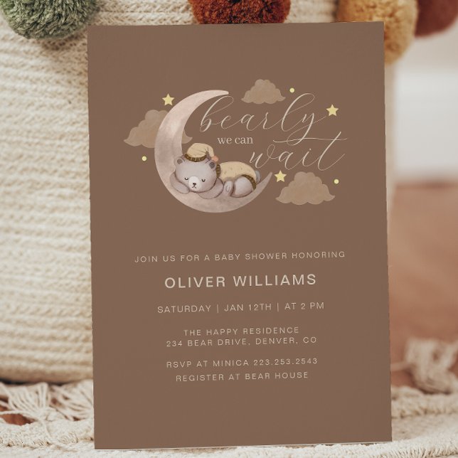 Vi kan vänta tills Unge Brown Måne Star Baby Showe Inbjudningar (We Can Bearly Wait Cub Brown Moon Star Baby Shower Invitation)