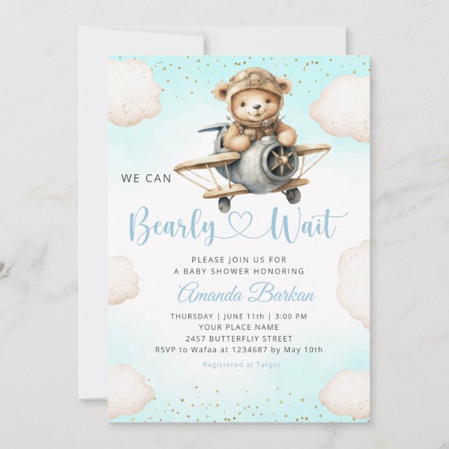 Vi kan vänta vattenfärgen Blue Boy Baby Shower Inbjudningar (Framsida)