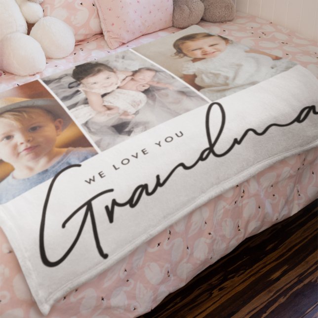 Vi kärlek dig Grandma Script 3-Personlig Fleecefilt (We love you grandma photo blankets of grandkids.)