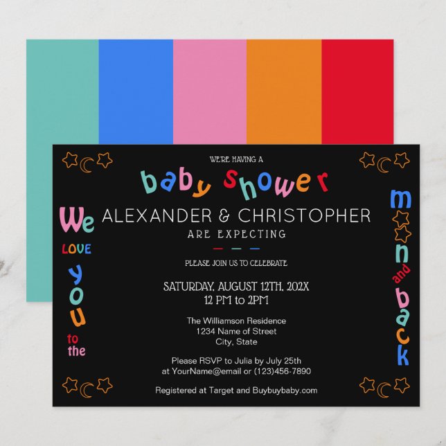 Vi kärlek dig till måne & back LGBTQ+ Baby Shower Inbjudningar (Fram/baksida)