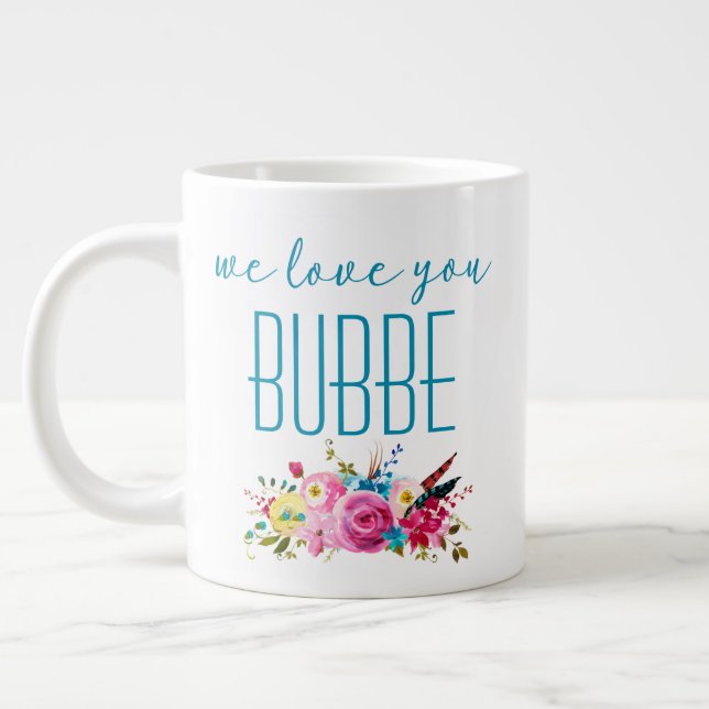 Vi Kärlek du Bubbe Teal Rosa Blommigt Jumbo Mugg (Vänster)
