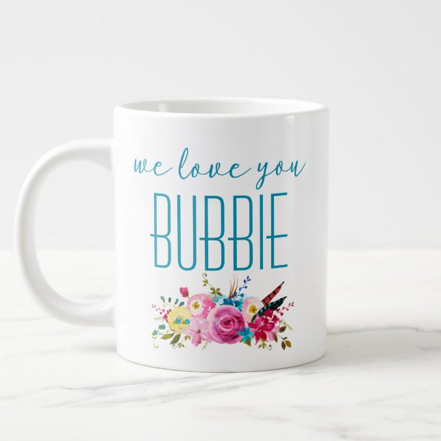 Vi Kärlek du Bubbie Teal Rosa Blommigt Jumbo Mugg (Vänster)
