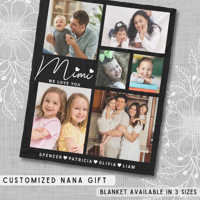 Vi Kärlek du Mimi Barnbarn Namn 6 Fotokollage Fleecefilt (We Love You Mimi Grandkids Names 6 Photo Collage Fleece Blanket)