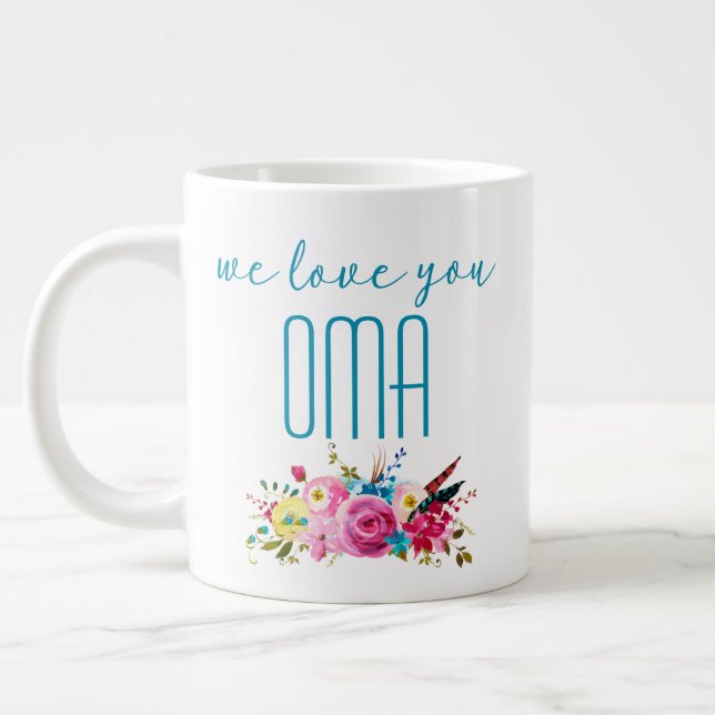 Vi Kärlek du Oma Teal Rosa Blommigt Jumbo Mugg (Vänster)