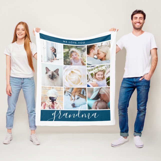 Vi Kärlek er mormor Anpassningsbar Photo Gift Navy Fleecefilt (På plats)