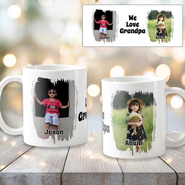 Vi Kärlek Grandpa Fully Anpassade 2 Photo Kaffemugg (We Love Grandpa Fully Customizable Two Photo Coffee Mug)