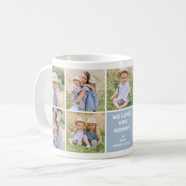 Vi Kärlek Mamma Modern Dusty Blue Photo Collage Kaffemugg (Framsida vänster)