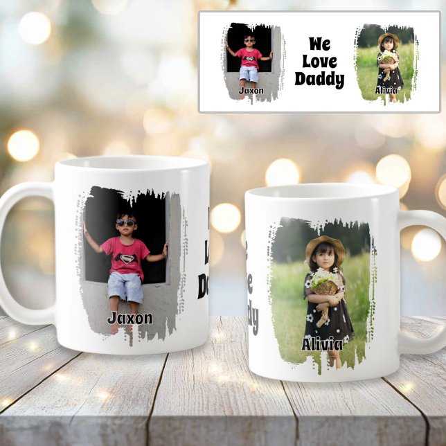 Vi Kärlek pappa Anpassade två foto Kaffemugg (We Love Daddy Fully Customizable 2 photo coffee mug)