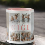 Vi Kärlek You Gigi Photo Collage Mugg<br><div class="desc">Önska din älskade mormor med en omhuldad gåva som ger glädje med varje sipp. Det unika kaffet mugg, som är förskönat med en 6-fotokollage av sina favoritsmå, har ett hjärtligt budskap: "Vi kärlek you Gigi" i ett vackert rosa tonningsteckensnitt. En personlig med barnens namn lägger till att extra inslag i...</div>
