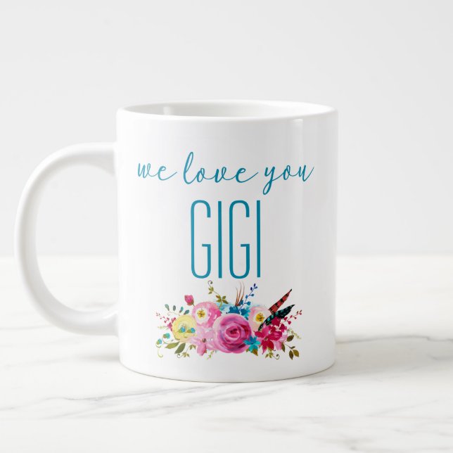 Vi Kärlek You Gigi Teal Rosa Blommigt Jumbo Mugg (Vänster)