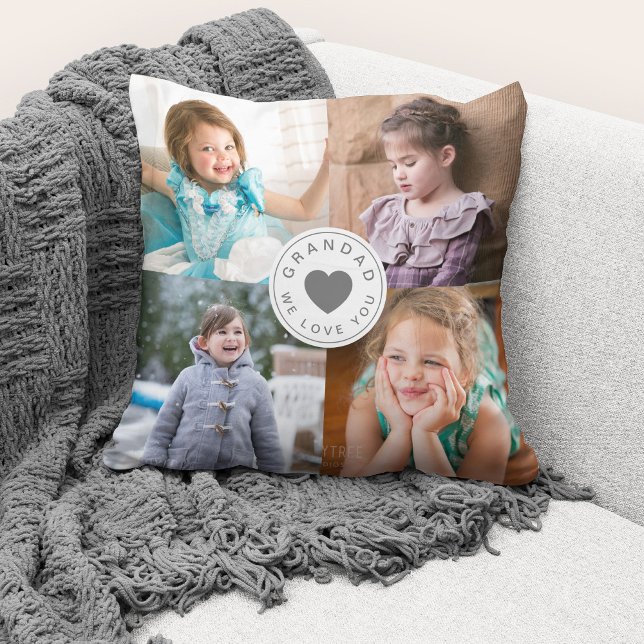 Vi Kärlek You Grandad/Cute 4 Photo Collage Kudde (Cute custom photo collage "Grandad We Love You" throw pillow.)