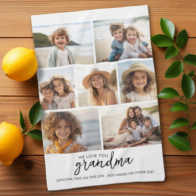 Vi Kärlek You Grandma - 7 Photo Collage - Modern Kökshandduk (Custom Kitchen Towel with Photo Collage)