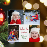 Vi Kärlek You Grandma Anpassningsbar Cute Kids Pho Julgransprydnad Keramik<br><div class="desc">Den här söta, tvåsidiga julprydnaden med anpassningsbar har en modern layout med fyra familjefotografier på vit bakgrund med röd och grönt typografi som läser "We Kärlek You Grandma". Den här vackra fotopresenten i barnbarn har en egen fotosamling som omger ditt personlig-meddelande och namn för din mormor. Lägg till ett 5:e...</div>