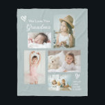 Vi Kärlek You Grandma Barnbarn Photo Collage Fleecefilt<br><div class="desc">Den här anpassningsbarnas filt säger "Vi Kärlek du farmor" i trendiget med moderna typsnitt tillsammans med barnens namn. En stilistigt arrangerad kollage som innehåller 5 av dina utvalda foton gör en underbar keepy att uppskatta genom åren. Handritade doodle-hjärtan framhäver designen för att tillföra ett tilltalande drag. Bakgrunden till färg som...</div>