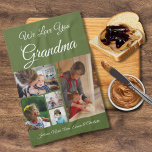 Vi Kärlek You Grandma | Elegant Oliv grönt 5-foto Kökshandduk<br><div class="desc">Elegant 5 fotosamlingshandduk med anpassade vi kärlek er mormskript typografi och personlig med barnbarn namn på anpassadets oliv grönt bakgrund.</div>