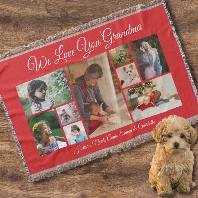 Vi Kärlek You Grandma | Elegant Red 9 Photo Filt (Skapare uppladdad)