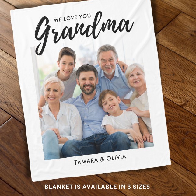Vi Kärlek You Grandma One Photo Personlig White Fleecefilt (We Love You Grandma One Photo Personalized White Fleece Blanket)