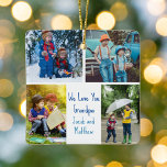 Vi Kärlek You Grandpa Anpassningsbar Cute Kids Pho Julgransprydnad Keramik<br><div class="desc">Denna söta, tvåsidiga julprydnad med anpassningsbar har en modern layout med fyra familjefotografier på en vit bakgrund med blå typografi som läser We Kärlek You Grandpa. Den här vackra fotopresenten i barnbarn har en egen fotosamling som omger ditt personlig-meddelande och namn. Lägg till ett 5:e bild på baksidan av den...</div>
