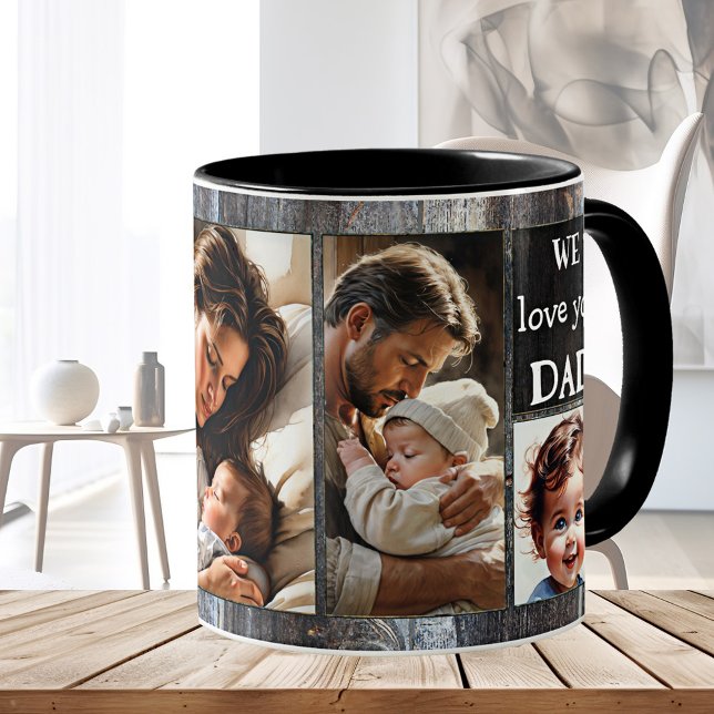 Vi Kärlek You Lycklig Pappa Photo Kaffemugg (Father's Day photo mug featuring 4 of your custom photos on a rustic wood design - his birthday)