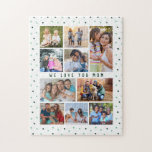 Vi Kärlek You Mamma 10 Photo Collage Modern Kärlek Pussel<br><div class="desc">Vi Kärlek You Mamma 10 Photo Collage Modern Kärlek Heats Jigszle Puzzle har tio av dina favoriter bilder för att du enkelt och snabbt ska kunna lägga till din egen fotokollage. Anpassa med din anpassningsbar som "Vi kärlek dig mamma" i modern manustypografi och omgiven av ett sött grönt kärlek hjärta...</div>
