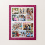 Vi Kärlek You Mamma 10 Photo Collage Rosa Glitter Pussel<br><div class="desc">Vi Kärlek You Mamma 10 Photo Collage Modern Rosa Glitter Jigszle Puzzle har tio av dina favoriter bilder för att du snabbt och enkelt ska kunna lägga till din egen fotokollage. Anpassa med din anpassningsbar som "Vi kärlek dig mamma" i modern manustypografi och omgiven av söt rosa glitter. Gör en...</div>