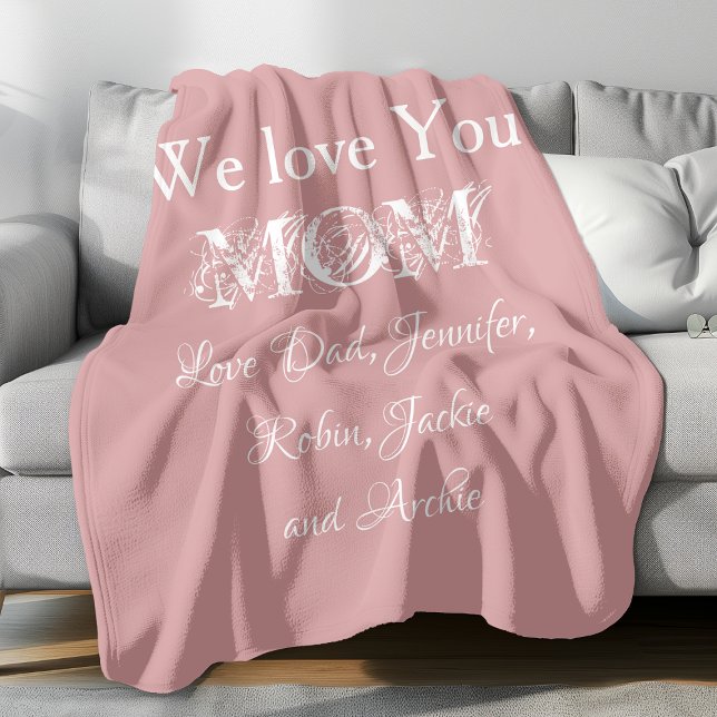Vi Kärlek You Mamma Family Namn Skriptcute  Fleecefilt ('We love you MOM' with personalized names.)