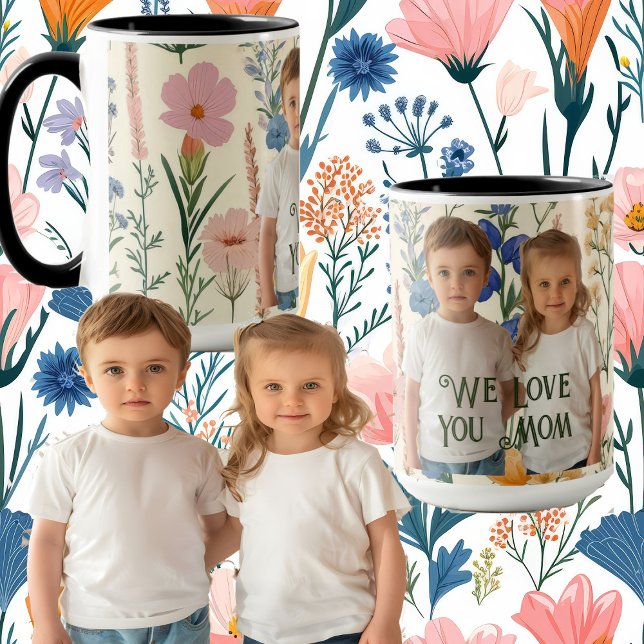 Vi Kärlek You Mamma Grey Löv Mors dag Photo Mugg (We Love You Mom Greenery Leaves Mothers Day Photo Mug)
