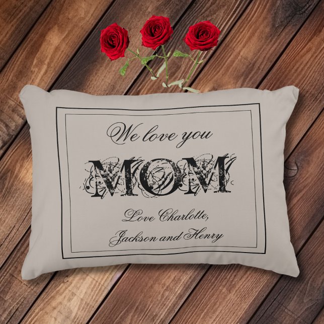 Vi Kärlek You MAMMA Kids Namn Cute Rustic Chic Prydnadskudde ("We Love You MOM" with Kids/Family Names Cute Rustic Chic Accent Pillow.)