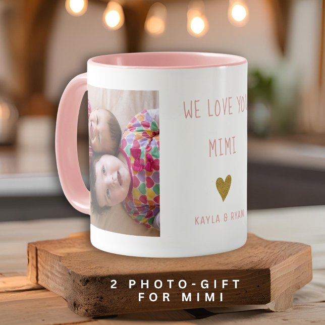 Vi Kärlek You Mimi 2 Photo Collage Grandma Rosa Mugg (We Love You Mimi 2 Photo Collage Grandma Pink Mug)