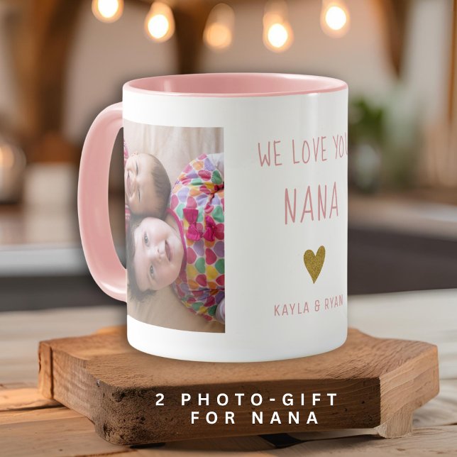 Vi Kärlek You Nana 2 Photo Collage Grandma Rosa Mugg (We Love You Nana 2 Photo Collage Grandma Pink Mug)
