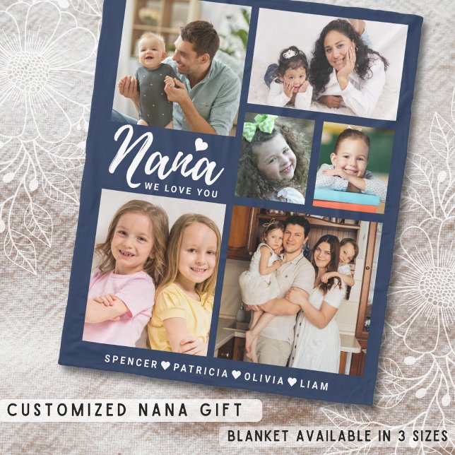 Vi Kärlek You Nana Barnbarn 6 Photo Collage Blue Fleecefilt ( We Love You Nana Grandkids 6 Photo Collage Blue Fleece Blanket)