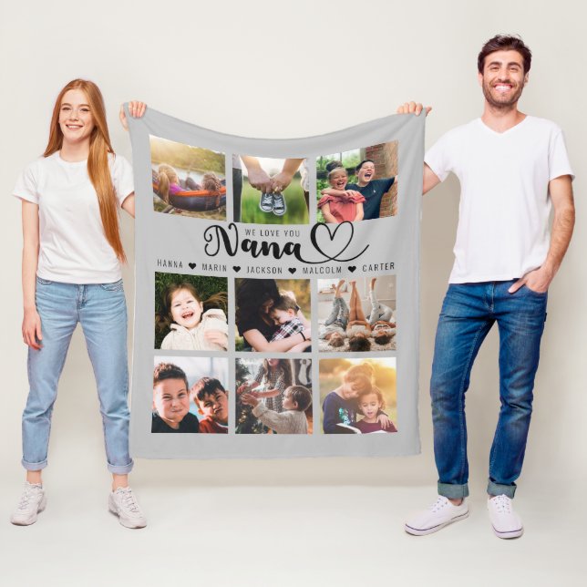Vi Kärlek You Nana Grandkid Namn Grått Photo Colla Fleecefilt (På plats)