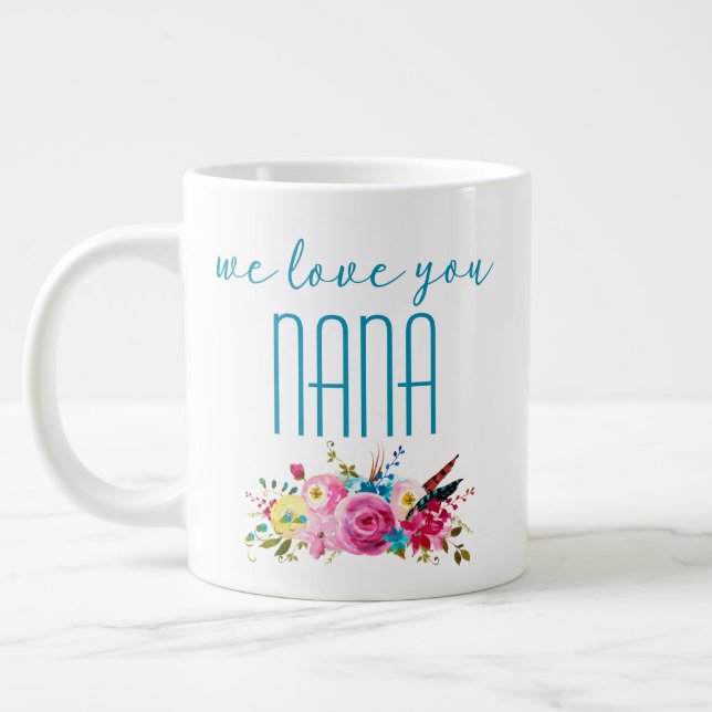 Vi Kärlek You Nana Teal Rosa Blommigt Jumbo Mugg (Vänster)
