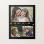 Vi Kärlek You OMA 3 Photo Collage Black Pussel<br><div class="desc">Anpassa det här roligtens fotopussel med tre favoritfoton av barnbarn som du kan lösa. Lägg till ett kärleksmeddelande och namn för personlig beröring.</div>