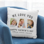 Vi Kärlek You Pappa Anpassningsbar Fars dag 3 Phot Kudde<br><div class="desc">Skapa en snyggt och en minnesvärd gåva till Pappa i Fars dag! Den här anpassningsbarna dekorativ kudde har en kollage av tre favoritfamiljens bilder av barnen (fram och bak) designad som en modern och djärv sans serif-typografi. Anpassa texten "Vi kärlek du / Lycklig Fars dag" med barnens namn. Du kan...</div>