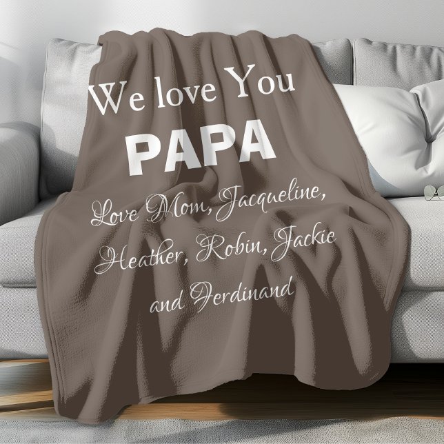 Vi Kärlek You Pappa Gift-skript Family Namn Modern Fleecefilt ('We Love You PAPA' personalized comfy soft brown fleece blanket.)