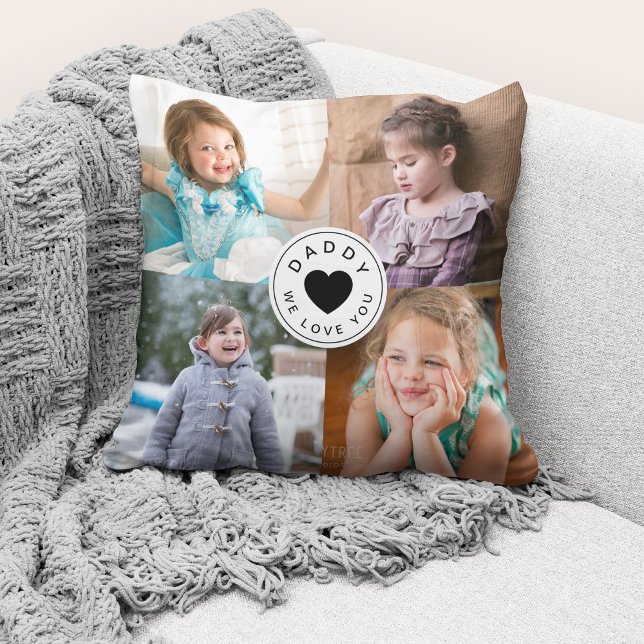 Vi Kärlek You Pappa Modern / 4 Photo Collage Kudde (Cute custom photo collage "Daddy We Love You" throw pillow.)