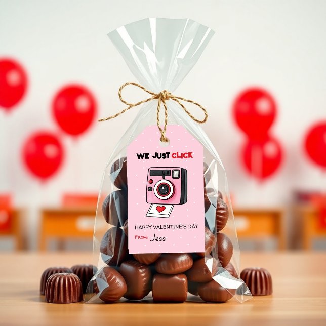 Vi Klickar Bara Valentinekamera - Barnklassrum Presentetikett (We Just Click Valentine Gift Tags – Camera Classroom Valentines for Kids)