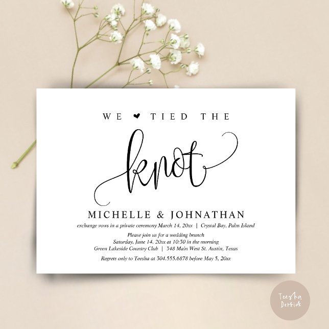 Vi Knöt Knuten, Bröllopsfest För De Som Gift Sig I Inbjudningar (We tied the knot, modern wedding elopement dinner party invitation card, PDF, in Black and White)