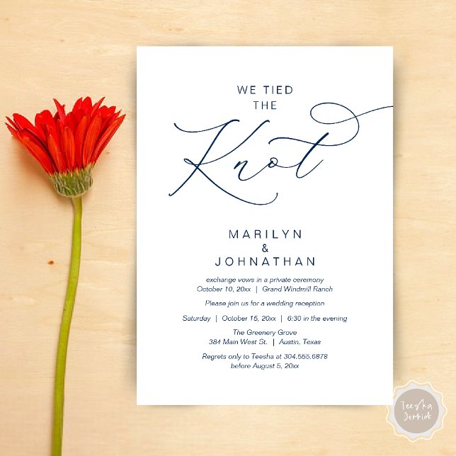 Vi knöt knuten, Bröllopsfest Middag Inbjudningar (We tied the knot, Romantic Wedding Elopement Reception Dinner Invitation Card in Navy Blue)