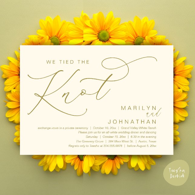 Vi Knöt Knuten, Bröllopsfest Middag Inbjudningar (We tied the knot, Wedding Elopement Dinner Romantic Modern Party Invitation Card PDF Yellow Gold)