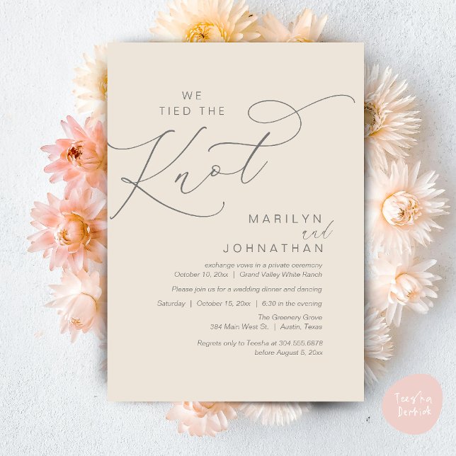 Vi knöt knuten, Bröllopsfest Middag Inbjudningar (We tied the knot, Wedding Elopement Dinner Romantic Modern Party Invitation Card PDF Cream Grey)