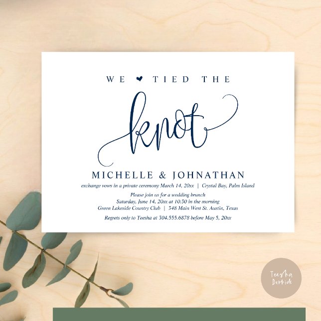 Vi Knöt Knuten, Bröllopsfirande i Smyg Inbjudningar (We tied the knot, modern wedding elopement dinner party invitation card, PDF, in Navy Blue)