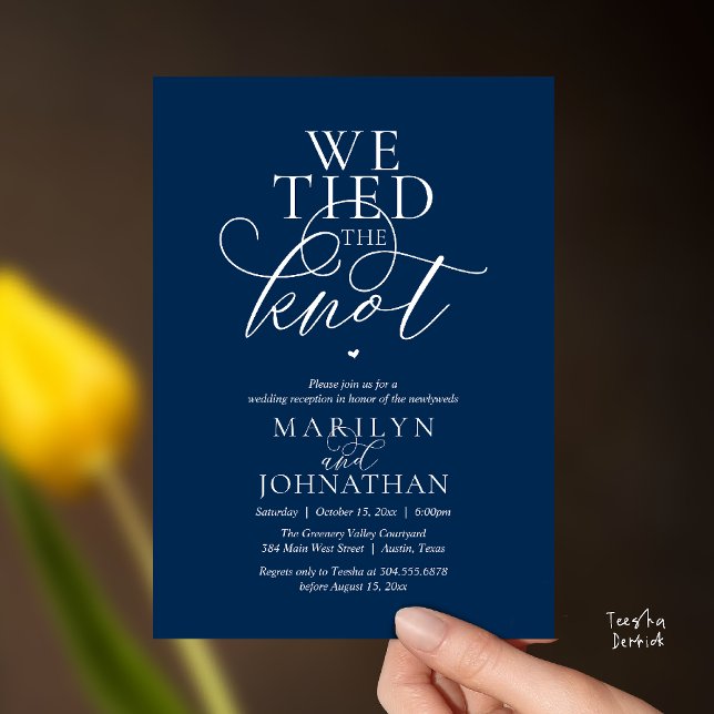 Vi Knöt Knuten, Modern Klassisk Bröllopsmottagning Inbjudningar (We Tied The Knot, Modern Classy Wedding Reception Dinner brunch Invitation Card in Navy Blue )