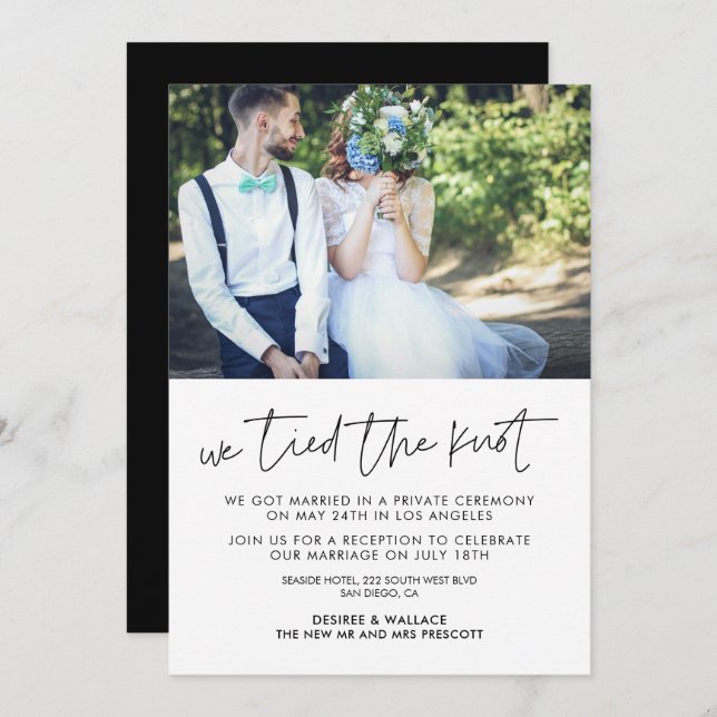 Vi knöt knuten Modernt foto bröllopsannons Inbjudningar (Fram/baksida)