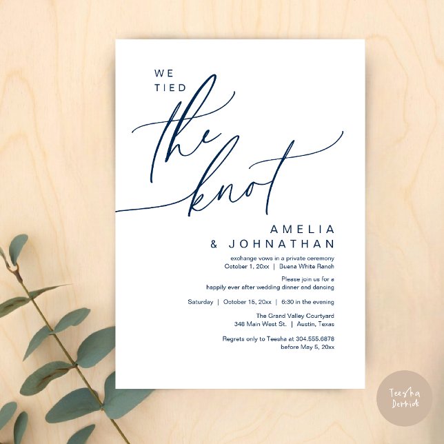 Vi knöt knuten, Romantisk Bröllops Middag Party Inbjudningar (We tied the knot, Romantic Wedding Dinner Lunch Brunch Party Reception Invites Card PDF Navy Blue)