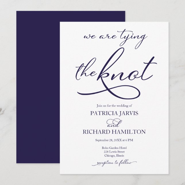 Vi knyter knuten Navy Blue Script Bröllop Inbjudningar (Fram/baksida)