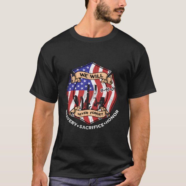 Vi kommer aldrig att glömma 9-11-01 Mod Offer Ära T Shirt (Framsida)