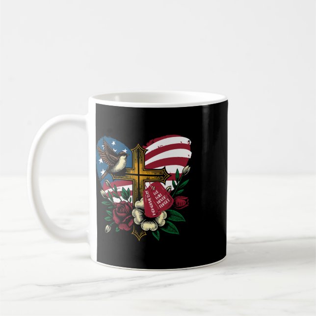 Vi kommer aldrig att glömma amerikanska flaggans m kaffemugg (Vänster)
