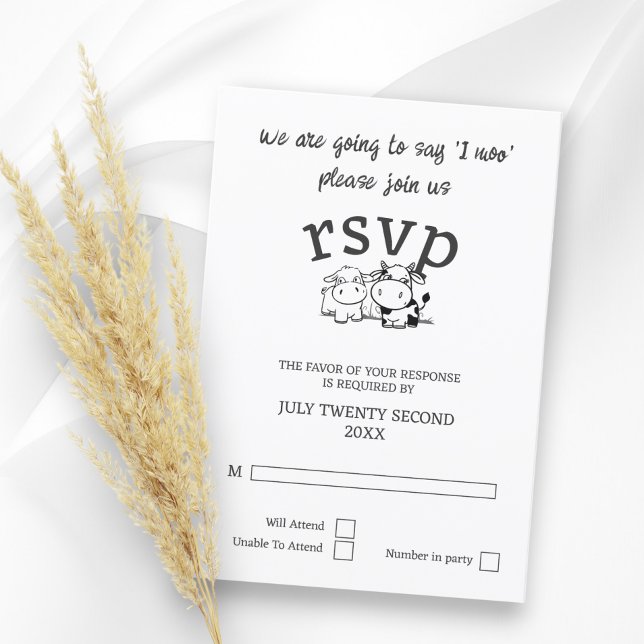 Vi kommer att säga att jag heter Moo OSA Bröllop (We Are Going to Say I Moo RSVP Wedding  announcements from Ricaso 
Cute whimsical cow couple cards)